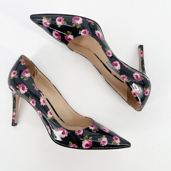 Prada Black Pink Patent Leather Rose Floral Print Pointed Toe Pump Heel IT 37 - Picture 3 of 12
